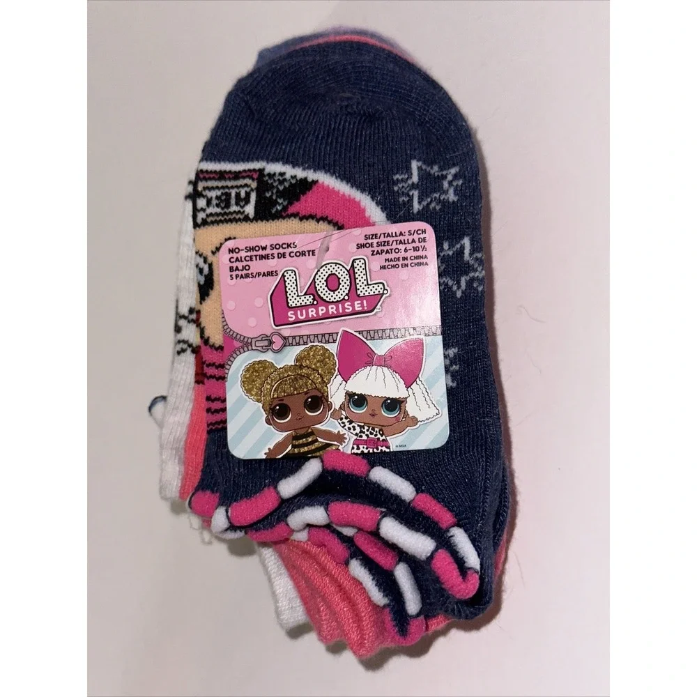 LOL Surprise Girls No-Show Socks 5 Pair Pack Navy Purple Stars Size S 6-10.5‎